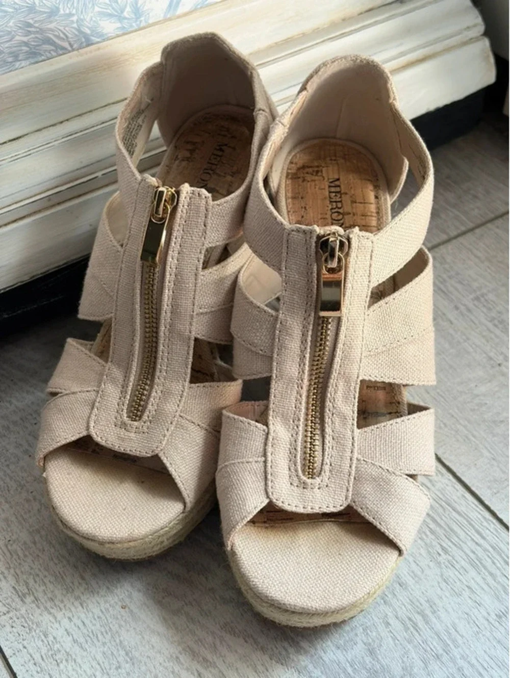 Beige zip up wedges